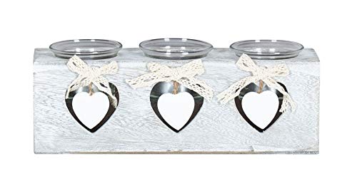 levandeo Teelichthalter 24x8x7cm 3 Kerzen Holz Shabby Chic Vintage Herz Deko Glas Kerzenhalter Romantik Geschenk von levandeo