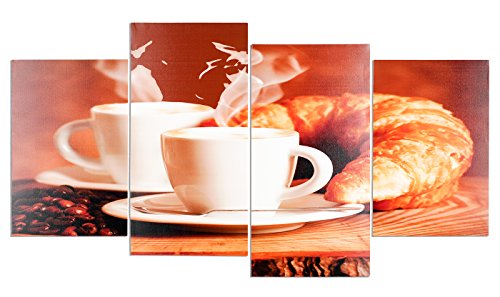 levandeo Wandbild 4 teilig 130x70cm - Kaffee Bohnen Cafe Cappuccino Espresso Croissant Kaffeebohnen Coffee Kaffeetasse - 4 Leinwandbilder im Set Bild Leinwand von levandeo