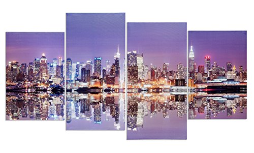 levandeo Wandbild 4 teilig 130x70cm - Manhattan Skyline New York USA Amerika leuchtend bei Nacht Panorama - 4 Leinwandbilder im Set Bild Leinwand von levandeo