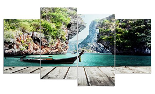 levandeo Wandbild 4 teilig 130x70cm - Wasser Landschaft Boot Natur Canyon Steg Fluss Urlaub - 4 Leinwandbilder im Set Bild Leinwand von levandeo