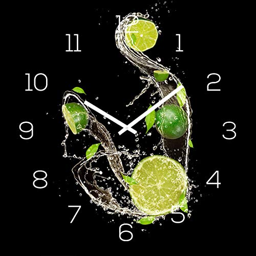 levandeo Wanduhr Glas 30x30cm Glasuhr Uhr Glasbild Frucht Küchenuhr Schwarz Deko Küchendeko Limette Lime Fruit Schwarz von levandeo