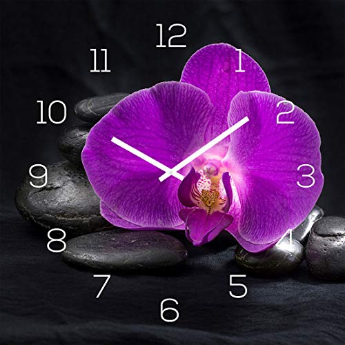 levandeo Wanduhr Glas 30x30cm Glasuhr Uhr Glasbild Rosa Orchidee Schwarz Deko Wellness Feng Shui Blüte Steine von levandeo