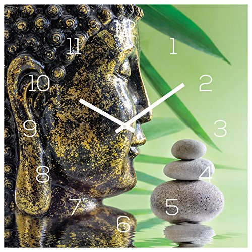 levandeo Wanduhr Glas 30x30cm Uhr Glasbild Buddha Kopf Steine Grün Wellness Wanddeko Küchenuhr von levandeo