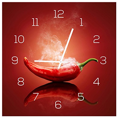 levandeo Wanduhr aus Glas 30x30cm Uhr als Glasbild Küche Gewürze Hot Chili Peperoni Deko Küchenuhr von levandeo