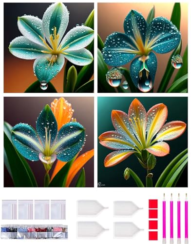 lewwmn 4 Stück Blumen Clivia Diamond Painting, DIY 5D Diamond Painting Erwachsene Bastelset Full Diamant Malerei Malen Nach Zahlen Cross Stitch Kristall, Wohnzimmer Deko Kunsthandwerk 15x15cm U-217 von lewwmn