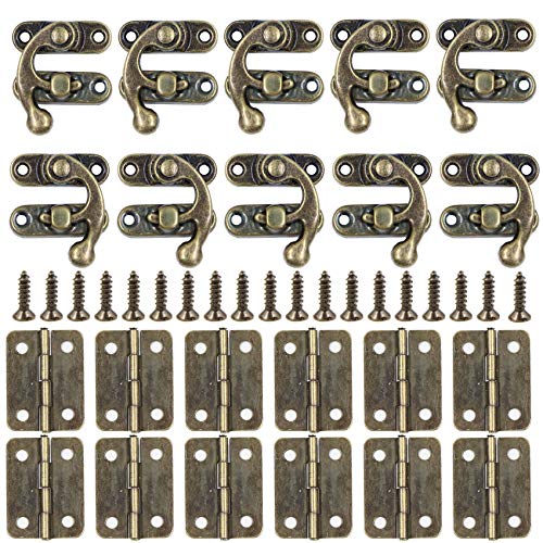 Antike Latch Hook Hasp Retro Verschluss Links/Rechts Horn Lock 10 Stück Antik Riegel Haken Verriegelung Verschlusshaken + 12PCS Kleine Box Scharniere mit Schrauben, Perfekt für Holzkiste Dekoration von leyomgamz