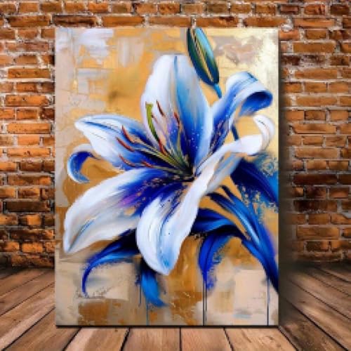 1 Stück Moderne abstrakte blaue weiße Lilie Blumen Leinwand Wandkunst Elegante Blumenmalerei Goldene strukturierte Wohnzimmerdekoration 60x80cm Rahmenlos von lianyibo