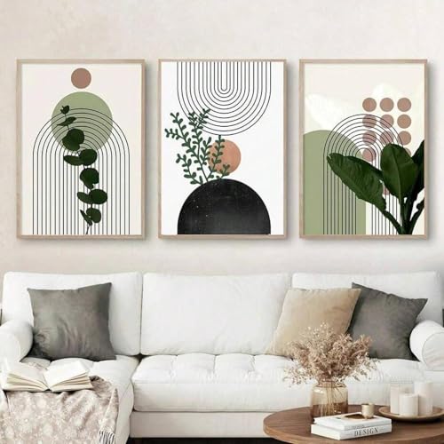 3 Stück Moderne abstrakte grüne Pflanzen Blatt Sonne Linien Wandkunst Boho Leinwand Malerei Poster Drucke Wohnzimmer Dekor 60x80cmx3 Rahmen von lianyibo