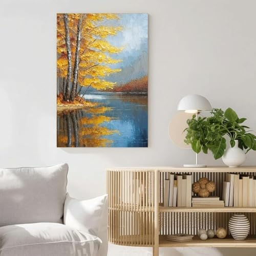 Leinwanddruck mit lebendigem Herbstlaub, See- und Bergszene für Wohnzimmer, Schlafzimmer, Büro, Badezimmer, Hoteldekor, 70 x 110 cm, rahmenlos von lianyibo