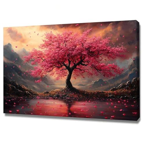 lianyibo Rosa Kirschblütenbaum-Poster, Wandkunst, rosa Lebensbaum, See, Berg, Naturlandschaft, Wohnzimmer-Wanddekoration, 50 x 100 cm, rahmenlos lianyibo Rosa Kirschblütenbaum-Poster, Wandkunst, rosa Lebensbaum, See, Berg, Naturlandschaft, Wohnzimmer-Wanddekoration, 50 x 100 cm, rahmenlos von lianyibo