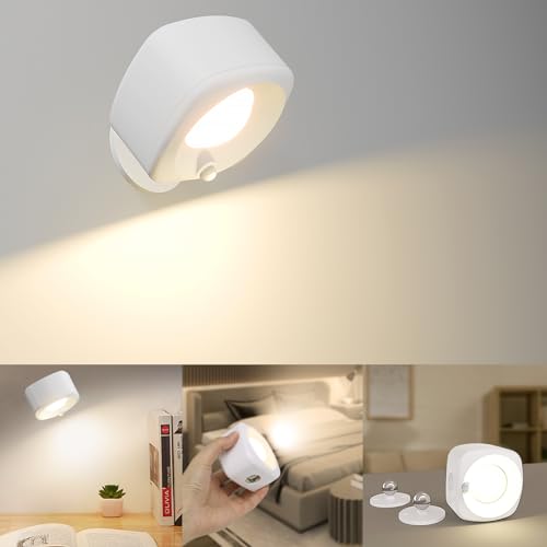 libtit LED Wandleuchte Innen mit Bewegungsmelder, Dimmbar Wandlampe mit Akku 360° Drehbare Kabellose Wandleuchten USB-Aufladbare für Wohnzimmer Schlafzimmer Flur Treppenhaus (Weiß) von libtit