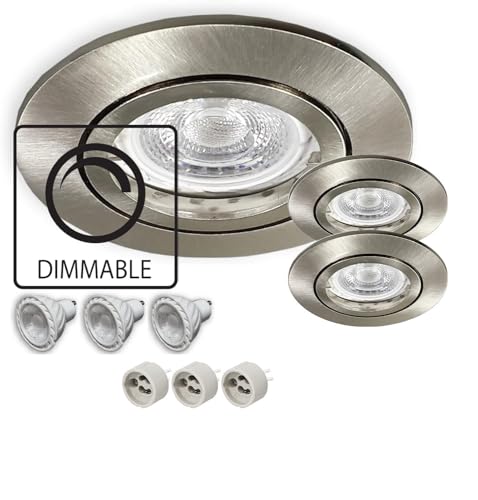 LED Einbaustrahler Dimmbar GU10 230 V alu gebürstet für 68er Lochbohrung - 3er SET Einbauleuchten Spots Strahler inkl. 7,5 W LED neutralweiss Leuchtmittel und GU10 Fassung - Deckeneinbaustrahler von LICHT DISCOUNT