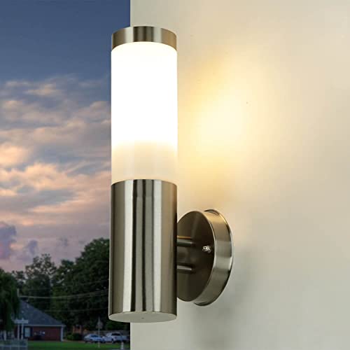 Schlichte Außenlampe Edelstahl Silber IP44 33cm Ø8cm Eingang Terrasse Garten Wandlampe Außenleuchte von Licht-Erlebnisse