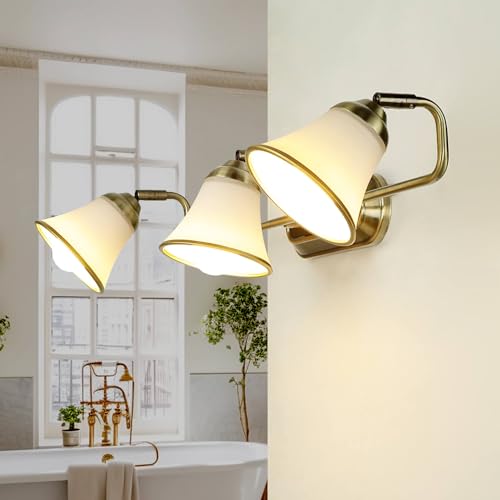 Licht-Erlebnisse Wandlampe Jugendstil Bad, Bronze, Wandlampe Spiegel, Spiegelleuchte, schwenkbar, blendarm, Glas, 3-flammig, E14, B:70 cm, Badlampe von Licht-Erlebnisse