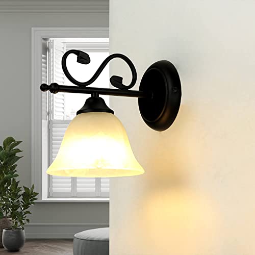 Licht-Erlebnisse Wandleuchte Metall Glas Schwarz Weiß Schlafzimmer Wohnzimmer T:23 cm E27 Landhaus Rustikal blendarm Innen Wandlampe Flur DOROTHEA von Licht-Erlebnisse