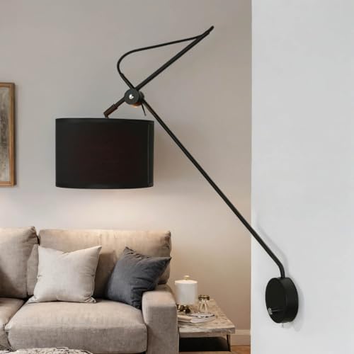 Licht-Erlebnisse Wandlampe Stoff Metall Schwarz Gold Wohnzimmer Schlafzimmer B:23,5 cm E14 Modern blendarm verstellbare Wandleuchte Innen VIPER von Licht-Erlebnisse
