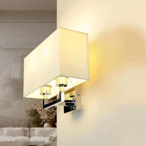 Licht-Erlebnisse Wandlampe Schlafzimmer Bett, Stoff, Stahl, in Chrom, Natur, Nachttischlampe Wand, Wandleuchte E27, blendarm, wohnlich, B:35,5 cm, Hotel, Moderne Wandlampe von Licht-Erlebnisse