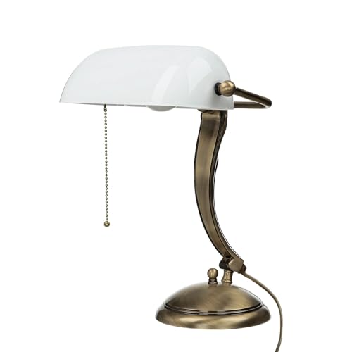 Bankerlampe Glasschirm Echt-Messing Bronziert Glänzend Jugendstil Art Déco Zugschalter Schreibtischlampe Büro von Licht-Erlebnisse