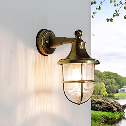 Licht-Erlebnisse Außenwandleuchte Messing Glas klar IP64 Balkon Terrasse T:22 cm E27 bis 20 W Maritim Laterne Rustikale Outdoor Wandlampe Hof SANTORIN von Licht-Erlebnisse