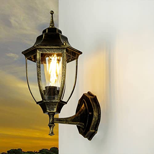 Licht-Erlebnisse Wandaußenleuchte Glas Aluminium in Antik Gold IP43 Outdoor Garten T:19,5 cm E27 bis 60 W Laterne Rustikale Außenlampe Terrasse LYON von Licht-Erlebnisse