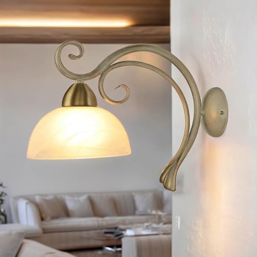 Licht-Erlebnisse Wandlampe Metall Glas in Shabby Weiß Messing Wohnzimmer H:33 1x E27 max. 60 Watt gemütlich Landhaus Wandleuchte Schlafzimmer AURORA von Licht-Erlebnisse