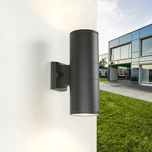 Licht-Erlebnisse Wandleuchte Up Down Aluminium Glas in Anthrazit IP44 Balkon Haus H:30,5 cm E27 Modern 2-flammige Außenwandlampe Garten STENDAL von Licht-Erlebnisse