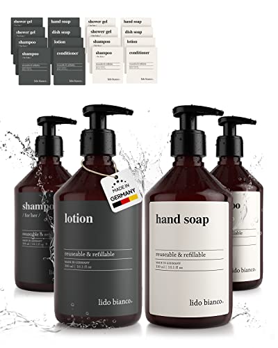 lido bianco® Shampoo Flaschen zum Befüllen Kunststoff 300 ml [4er Set] Made in Germany - BPA frei | Seifenspender Set inkl. 16x wasserfesten Etiketten von lido bianco