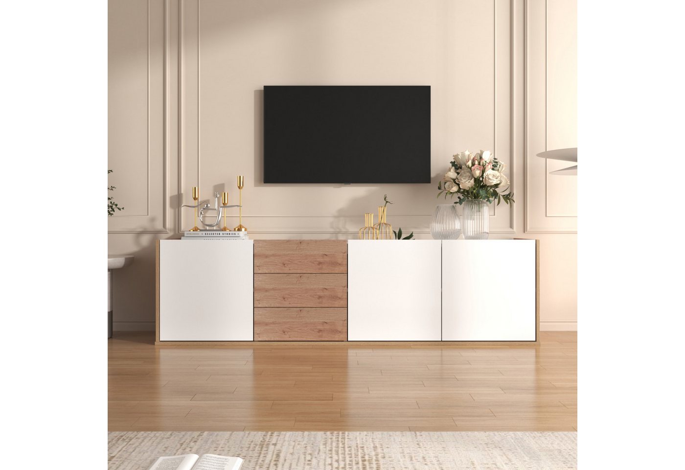 liebtech TV-Schrank TV-Möbel, niedriges Paneel in Weiß und Holzfarben (die an die Wand gehängt oder) auf den Boden gestellt werden können von liebtech