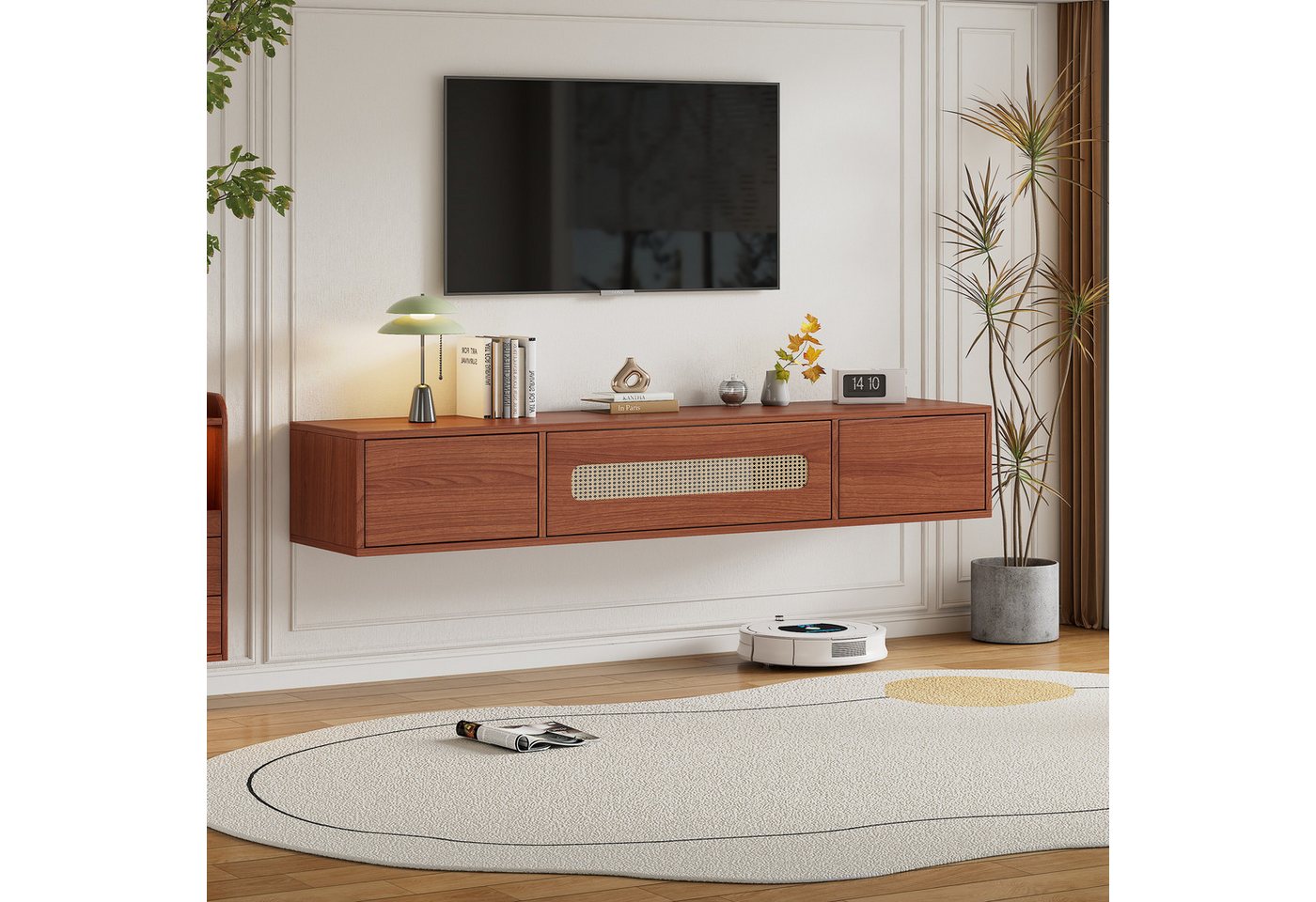 liebtech TV-Schrank Walnuss Rattan Schwebeschrank - 140*40*20 cm (Platzsparend, stilvoll und schön, 3 Rattantüren) zum Öffnen drücken, kann 60 Zoll TV Stand halten von liebtech