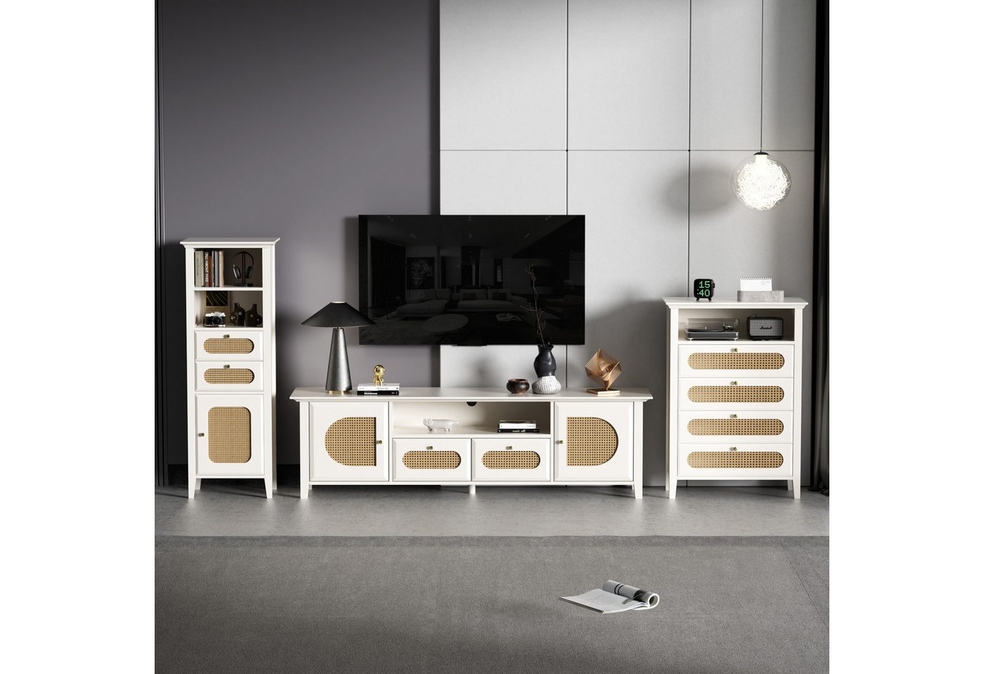 liebtech TV-Schrank Wohnzimmer-Rattan-Möbelkombination (TV-Schrank und Aufbewahrungsschrank-Set) Beine aus massivem Holz und lackiert. von liebtech