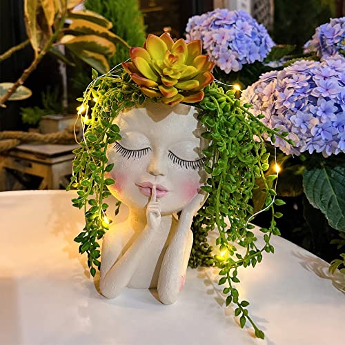 Blumentopf Kopf Gesicht,Solar Sukkulenten Topf,Kaktus Pflanze Blumentopf Gesicht mit Led Lichterkette mit Ablaufloch,Wasserdicht Harz Geschlossene Augen Damen Blumentöpfe Balkon Deko Gartendeko von lifemet
