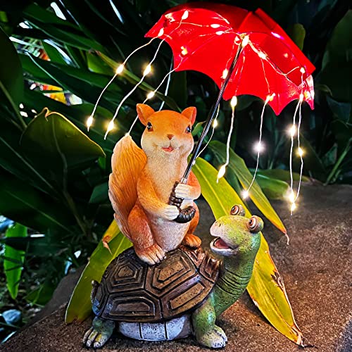 Solar Garten Ornamente Outdoor Dekorationen Statue | Eichhörnchen sitzt auf Schildkröte und hält einen Regenschirm mit Lichterkette – IP65 Wasserdicht Gartengeschenke für Rasen Hof Kunst Dekoration von lifemet