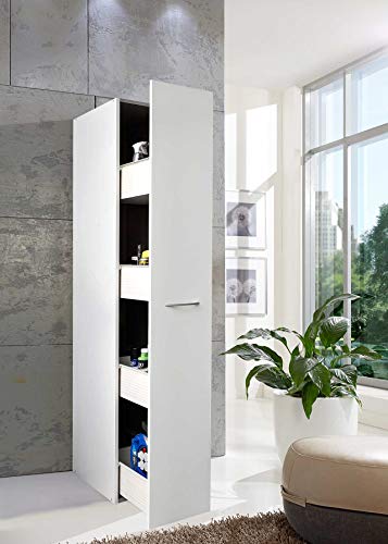 lifestyle4living | Moderner Apothekerschrank Weiß mit Auszug | 54 cm Tiefe | 4 Einteilungen | Hochschrank 185 cm Höhe von lifestyle4living