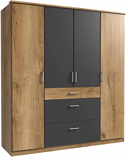 lifestyle4living Kleiderschrank in Planken-Eiche, Graphit-Grau, 180 cm | Drehtürenschrank mit 4 Türen, 3 Schubladen, 2 Kleiderstangen, 4 Einlegeböden im modernen Stil von lifestyle4living