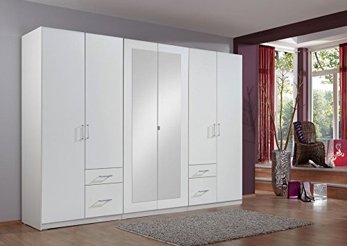 lifestyle4living Kleiderschrank mit Spiegel, Alpin-Weiß, 270 cm | Drehtürenschrank 6-türig mit 4 Schubladen im klassischen Stil von lifestyle4living