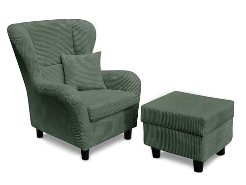 lifestyle4living - Moderner Ohrensessel mit Hocker – Große Auswahl an Stoffen und Farben - Gemütlicher Designer-Sessel im eleganten Landhaus-Stil, Cordgrün von lifestyle4living