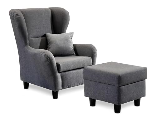 lifestyle4living - Moderner Ohrensessel mit Hocker – Große Auswahl an Stoffen und Farben - Gemütlicher Designer-Sessel im eleganten Landhaus-Stil, Grau lifestyle4living - Moderner Ohrensessel mit Hocker – Große Auswahl an Stoffen und Farben - Gemütlicher Designer-Sessel im eleganten Landhaus-Stil, Grau von lifestyle4living