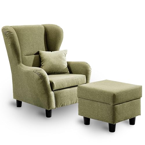 lifestyle4living - Moderner Ohrensessel mit Hocker – Große Auswahl an Stoffen und Farben - Gemütlicher Designer-Sessel im eleganten Landhaus-Stil, Grün von lifestyle4living