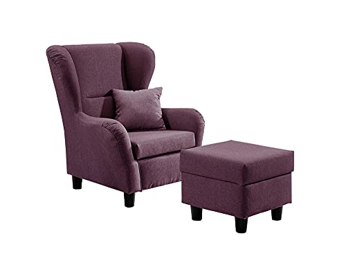 lifestyle4living - Moderner Ohrensessel mit Hocker – Große Auswahl an Stoffen und Farben - Gemütlicher Designer-Sessel im eleganten Landhaus-Stil, Lila von lifestyle4living