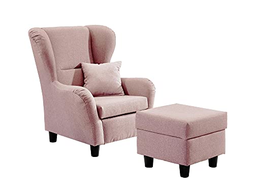 lifestyle4living - Moderner Ohrensessel mit Hocker – Große Auswahl an Stoffen und Farben - Gemütlicher Designer-Sessel im eleganten Landhaus-Stil, Rosa von lifestyle4living