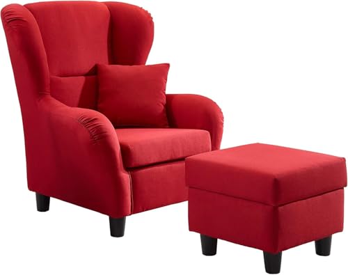 lifestyle4living - Moderner Ohrensessel mit Hocker – Große Auswahl an Stoffen und Farben - Gemütlicher Designer-Sessel im eleganten Landhaus-Stil, Rot von lifestyle4living