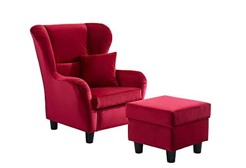 lifestyle4living - Moderner Ohrensessel mit Hocker – Große Auswahl an Stoffen und Farben - Gemütlicher Designer-Sessel im eleganten Landhaus-Stil, Samtrot von lifestyle4living