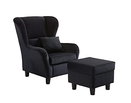 lifestyle4living - Moderner Ohrensessel mit Hocker – Große Auswahl an Stoffen und Farben - Gemütlicher Designer-Sessel im eleganten Landhaus-Stil, Samtschwarz von lifestyle4living