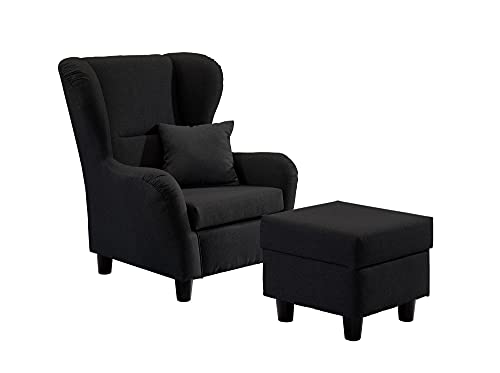 lifestyle4living - Moderner Ohrensessel mit Hocker – Große Auswahl an Stoffen und Farben - Gemütlicher Designer-Sessel im eleganten Landhaus-Stil, Schwarz von lifestyle4living
