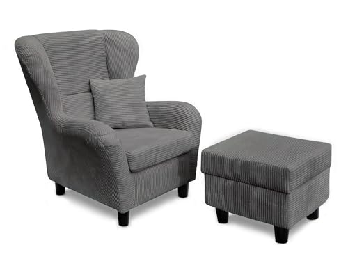 lifestyle4living - Moderner Ohrensessel mit Hocker – Große Auswahl an Stoffen und Farben - Gemütlicher Designer-Sessel im eleganten Landhaus-Stil, Cordgrau von lifestyle4living