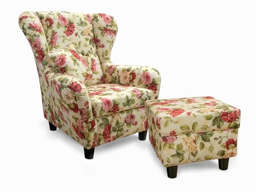 lifestyle4living Ohrensessel mit Hocker mit Webstoff Blumenmuster bezogen | Der perfekte Polstersessel für entspannte, Lange Fernseh- und Leseabende. von lifestyle4living