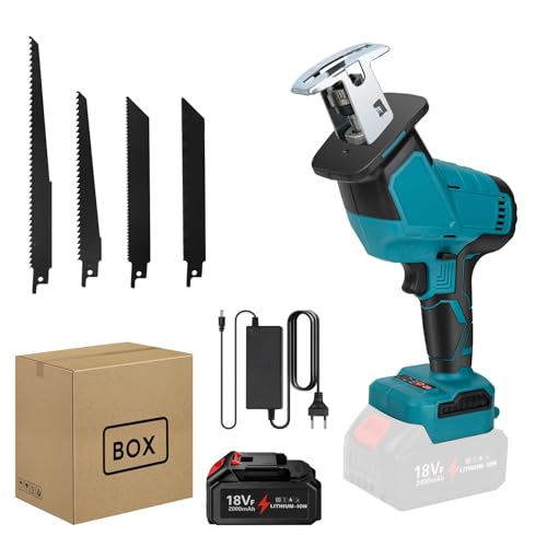 Akku Säbelsäge für Makita 18V Batterie, Bürstenlose Reciprosäge mit Akku 2.0Ah und Ladegerät, 4 Sägeblättern, LED-Beleuchtung, für Holz, Metall, PVC (Mit 2.0Ah Akku) von lifetter