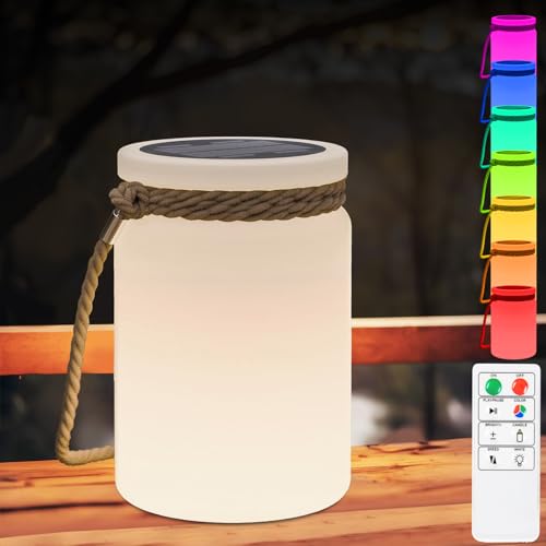 Solar Tischlampe Kabellos Outdoor Tischleuchte Fernbedienungen Dimmbar Warmweiß und RGB, Tragbare IP44 LED Solarlaterne für Innen, Außen, Garten, Terrasse, Camping, 14 x 21cm von light to hope