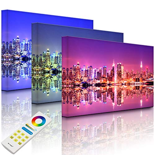 Lightbox-Multicolor | Bild mit LED Hintergrundbeleuchtung | Manhattan Skyline Spiegelung | 100x70 cm | Fully Lighted von lightbox-multicolor.com