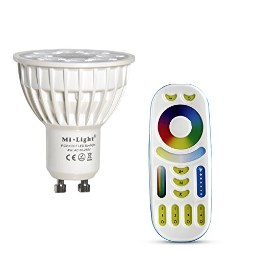 lighteu®, 1x 4W GU10 RGB + CCT LED-Strahler Farbwechsel und CCT WW CW Temperatur einstellbar, original Mi-Light, Glühlampe mit 4-Zonen-Fernbedienung (FUT103 + FUT092) von lighteu